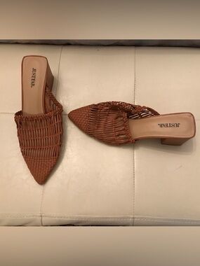 JustFab Brown Woven Pointed Toe Mule Heels